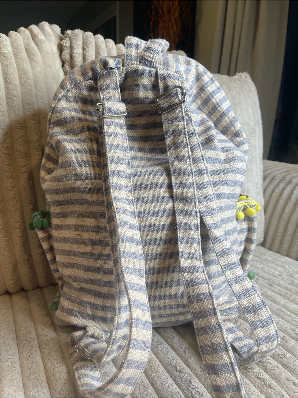 Pineapple Backpack Grey Striped Canvas Boho Travel School Bag Pom Poms - Picture 5 of 9